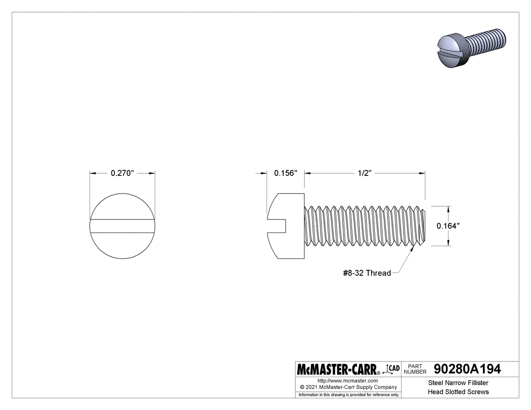 Technical Drawing of Steel Narrow Fillister Head Slotted Screws, High-Profile, 8-32 Thread, 1/2" Long.